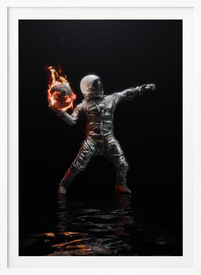 An astronaut in a silver spacesuit stands against a pitch-black background, poised to throw a miniature, burning Earth like a Molotov cocktail. The flames are reflected in the dark, rippling water at the astronaut's feet. Poster