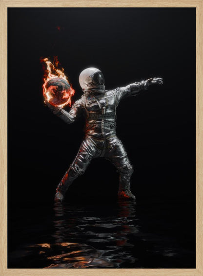An astronaut in a silver spacesuit stands against a pitch-black background, poised to throw a miniature, burning Earth like a Molotov cocktail. The flames are reflected in the dark, rippling water at the astronaut's feet. Poster