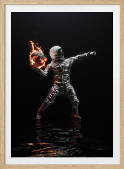 An astronaut in a silver spacesuit stands against a pitch-black background, poised to throw a miniature, burning Earth like a Molotov cocktail. The flames are reflected in the dark, rippling water at the astronaut's feet. Poster
