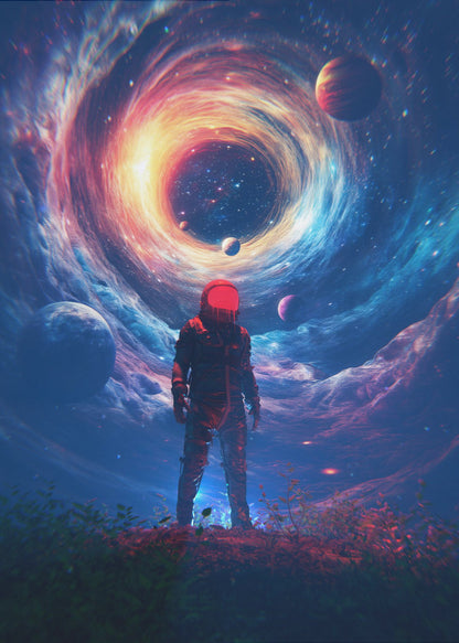 A lone astronaut in a dark suit with a bright red helmet stands on a rocky surface, gazing up at a colossal, swirling cosmic vortex of blue, red, and yellow light surrounded by stars and planets. Wall Art