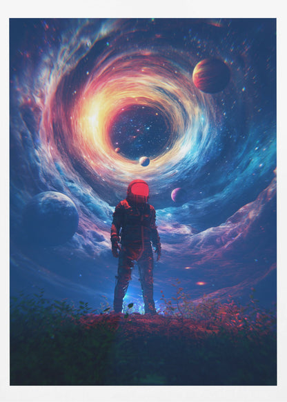 A lone astronaut in a dark suit with a bright red helmet stands on a rocky surface, gazing up at a colossal, swirling cosmic vortex of blue, red, and yellow light surrounded by stars and planets. Wall Art
