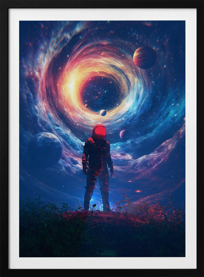 A lone astronaut in a dark suit with a bright red helmet stands on a rocky surface, gazing up at a colossal, swirling cosmic vortex of blue, red, and yellow light surrounded by stars and planets. Wall Art