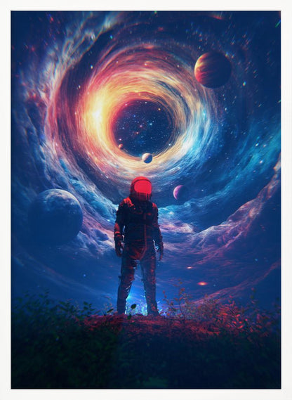 A lone astronaut in a dark suit with a bright red helmet stands on a rocky surface, gazing up at a colossal, swirling cosmic vortex of blue, red, and yellow light surrounded by stars and planets. Wall Art