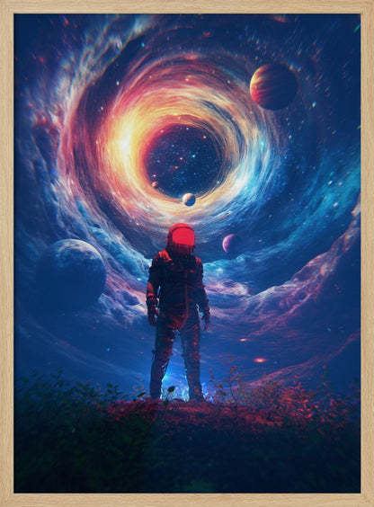 A lone astronaut in a dark suit with a bright red helmet stands on a rocky surface, gazing up at a colossal, swirling cosmic vortex of blue, red, and yellow light surrounded by stars and planets. Wall Art