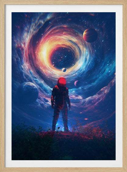 A lone astronaut in a dark suit with a bright red helmet stands on a rocky surface, gazing up at a colossal, swirling cosmic vortex of blue, red, and yellow light surrounded by stars and planets. Wall Art