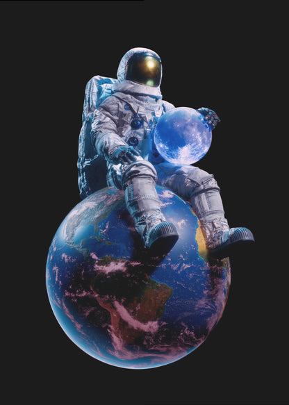 An astronaut in a full white spacesuit sits perched atop planet Earth, holding the glowing blue moon in their hands against a stark black background. Print