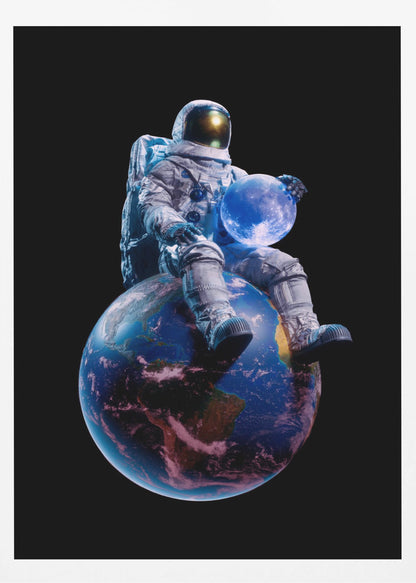 An astronaut in a full white spacesuit sits perched atop planet Earth, holding the glowing blue moon in their hands against a stark black background. Print