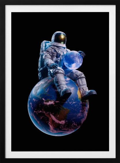An astronaut in a full white spacesuit sits perched atop planet Earth, holding the glowing blue moon in their hands against a stark black background. Print