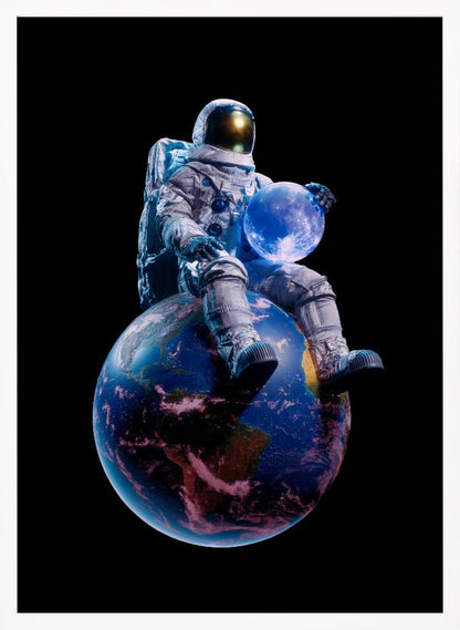 An astronaut in a full white spacesuit sits perched atop planet Earth, holding the glowing blue moon in their hands against a stark black background. Print