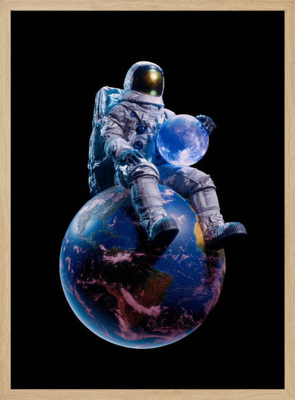 An astronaut in a full white spacesuit sits perched atop planet Earth, holding the glowing blue moon in their hands against a stark black background. Print