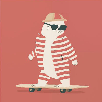 A framed illustration of a cool cartoon seal wearing a red and white striped swimsuit, a cap, and sunglasses while riding a skateboard against a solid red background. Poster