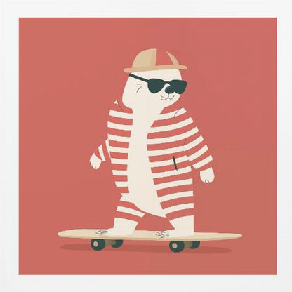 A framed illustration of a cool cartoon seal wearing a red and white striped swimsuit, a cap, and sunglasses while riding a skateboard against a solid red background. Poster