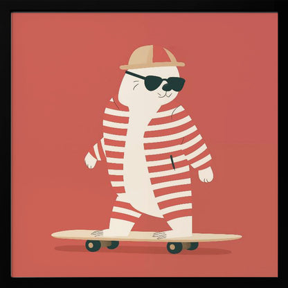 A framed illustration of a cool cartoon seal wearing a red and white striped swimsuit, a cap, and sunglasses while riding a skateboard against a solid red background. Poster