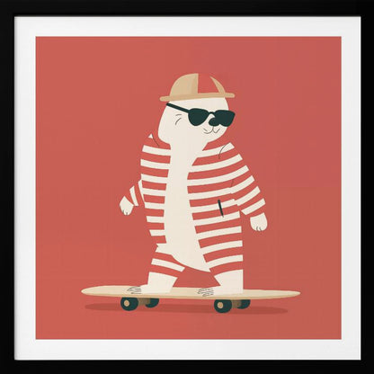 A framed illustration of a cool cartoon seal wearing a red and white striped swimsuit, a cap, and sunglasses while riding a skateboard against a solid red background. Poster