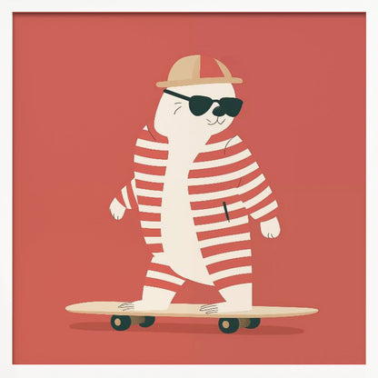 A framed illustration of a cool cartoon seal wearing a red and white striped swimsuit, a cap, and sunglasses while riding a skateboard against a solid red background. Poster