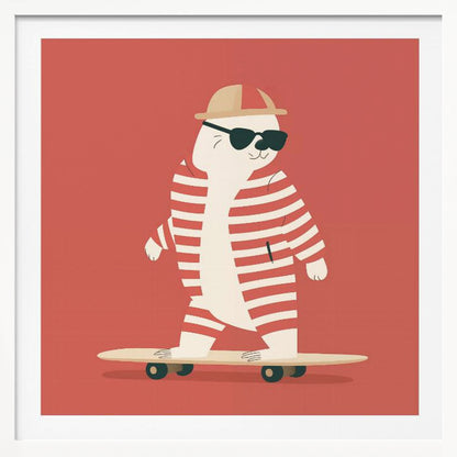 A framed illustration of a cool cartoon seal wearing a red and white striped swimsuit, a cap, and sunglasses while riding a skateboard against a solid red background. Poster