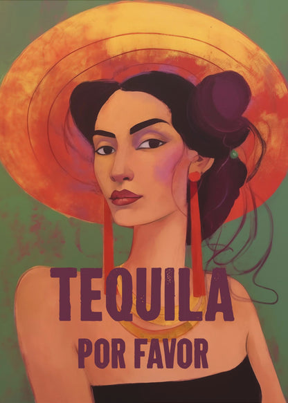 A stylized portrait of a woman with dark hair, bold eyebrows, and red lipstick, wearing a large orange sun hat and long red earrings. The text 'TEQUILA POR FAVOR' is written in a dark purple font in front of her. Poster