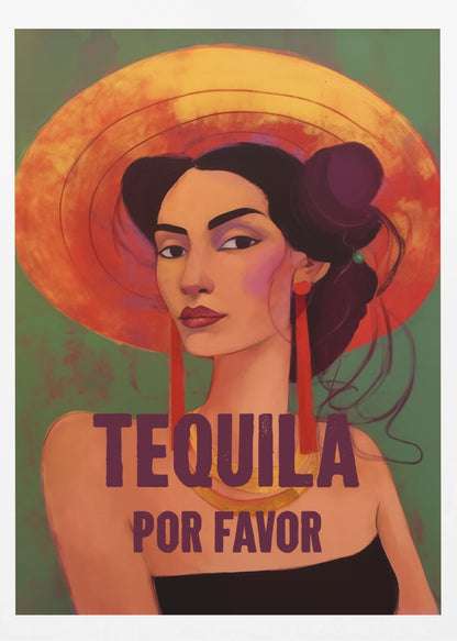 A stylized portrait of a woman with dark hair, bold eyebrows, and red lipstick, wearing a large orange sun hat and long red earrings. The text 'TEQUILA POR FAVOR' is written in a dark purple font in front of her. Poster