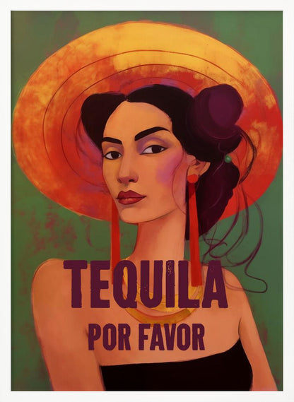 A stylized portrait of a woman with dark hair, bold eyebrows, and red lipstick, wearing a large orange sun hat and long red earrings. The text 'TEQUILA POR FAVOR' is written in a dark purple font in front of her. Poster