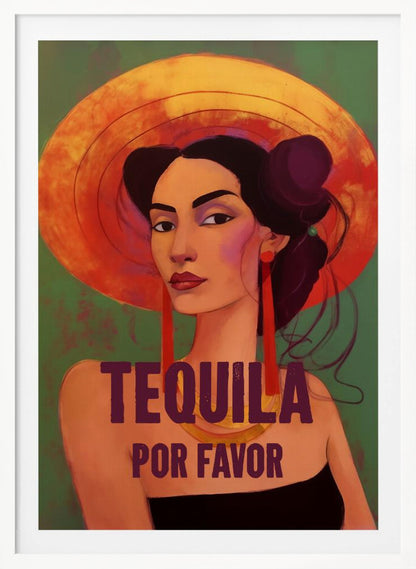 A stylized portrait of a woman with dark hair, bold eyebrows, and red lipstick, wearing a large orange sun hat and long red earrings. The text 'TEQUILA POR FAVOR' is written in a dark purple font in front of her. Poster