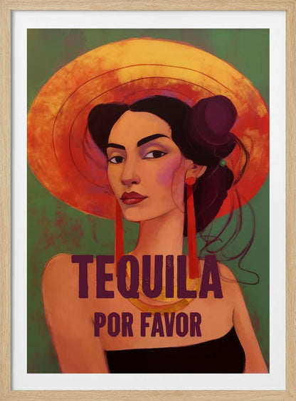 A stylized portrait of a woman with dark hair, bold eyebrows, and red lipstick, wearing a large orange sun hat and long red earrings. The text 'TEQUILA POR FAVOR' is written in a dark purple font in front of her. Poster