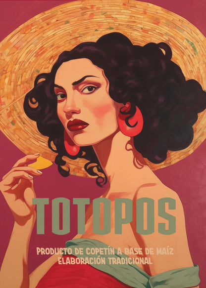 A vintage-style advertisement poster for 'Totopos'. The illustration features a glamorous woman with dark curly hair, red lipstick, and large red earrings, wearing a wide-brimmed straw hat. She holds a single tortilla chip and looks directly at the viewer against a rich red background. The text 'TOTOPOS' is prominent in the center. Artwork