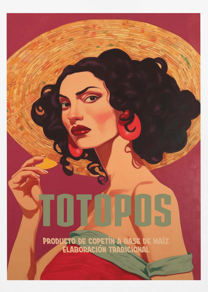 A vintage-style advertisement poster for 'Totopos'. The illustration features a glamorous woman with dark curly hair, red lipstick, and large red earrings, wearing a wide-brimmed straw hat. She holds a single tortilla chip and looks directly at the viewer against a rich red background. The text 'TOTOPOS' is prominent in the center. Artwork