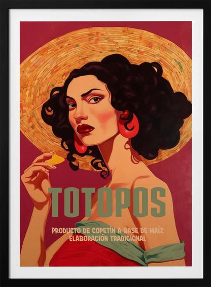 A vintage-style advertisement poster for 'Totopos'. The illustration features a glamorous woman with dark curly hair, red lipstick, and large red earrings, wearing a wide-brimmed straw hat. She holds a single tortilla chip and looks directly at the viewer against a rich red background. The text 'TOTOPOS' is prominent in the center. Artwork