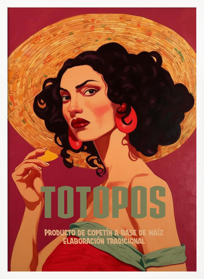 A vintage-style advertisement poster for 'Totopos'. The illustration features a glamorous woman with dark curly hair, red lipstick, and large red earrings, wearing a wide-brimmed straw hat. She holds a single tortilla chip and looks directly at the viewer against a rich red background. The text 'TOTOPOS' is prominent in the center. Artwork
