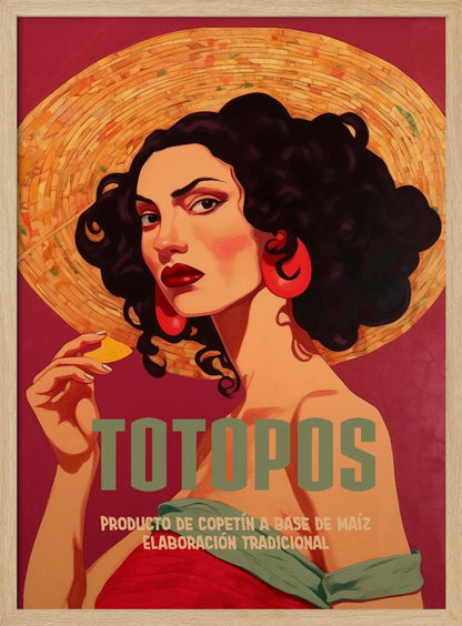 A vintage-style advertisement poster for 'Totopos'. The illustration features a glamorous woman with dark curly hair, red lipstick, and large red earrings, wearing a wide-brimmed straw hat. She holds a single tortilla chip and looks directly at the viewer against a rich red background. The text 'TOTOPOS' is prominent in the center. Artwork