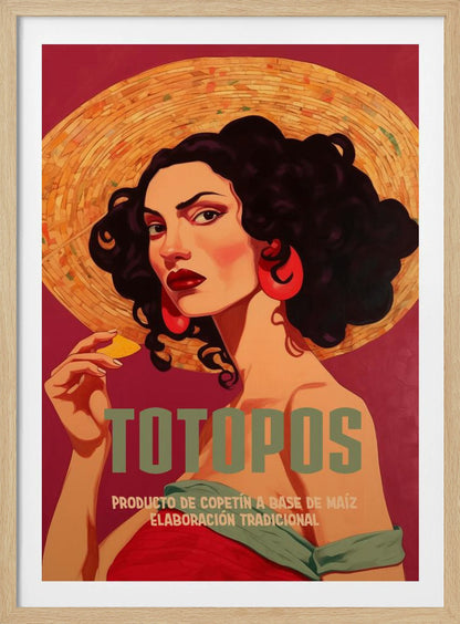 A vintage-style advertisement poster for 'Totopos'. The illustration features a glamorous woman with dark curly hair, red lipstick, and large red earrings, wearing a wide-brimmed straw hat. She holds a single tortilla chip and looks directly at the viewer against a rich red background. The text 'TOTOPOS' is prominent in the center. Artwork