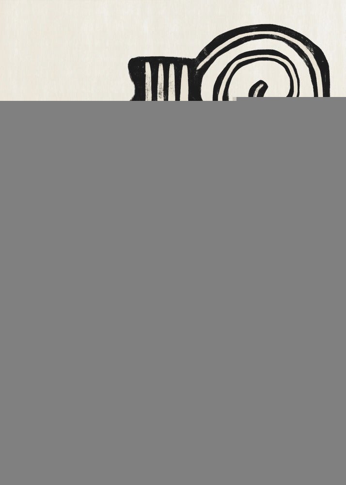 A minimalist abstract artwork in a black frame, featuring a bold, black, symmetrical figure with curvaceous lines against an off-white background. The figure, reminiscent of a vase or an hourglass, has white line details and is paired with a large black spiral at the top. Print