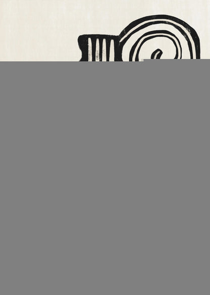 A minimalist abstract artwork in a black frame, featuring a bold, black, symmetrical figure with curvaceous lines against an off-white background. The figure, reminiscent of a vase or an hourglass, has white line details and is paired with a large black spiral at the top. Print