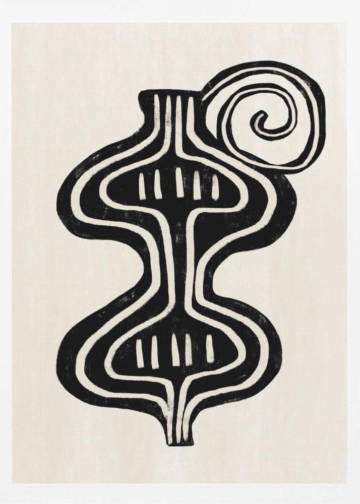 A minimalist abstract artwork in a black frame, featuring a bold, black, symmetrical figure with curvaceous lines against an off-white background. The figure, reminiscent of a vase or an hourglass, has white line details and is paired with a large black spiral at the top. Print