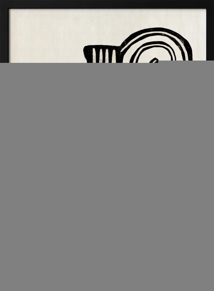 A minimalist abstract artwork in a black frame, featuring a bold, black, symmetrical figure with curvaceous lines against an off-white background. The figure, reminiscent of a vase or an hourglass, has white line details and is paired with a large black spiral at the top. Print