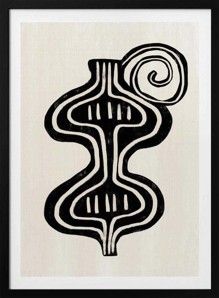 A minimalist abstract artwork in a black frame, featuring a bold, black, symmetrical figure with curvaceous lines against an off-white background. The figure, reminiscent of a vase or an hourglass, has white line details and is paired with a large black spiral at the top. Print