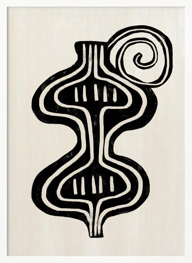 A minimalist abstract artwork in a black frame, featuring a bold, black, symmetrical figure with curvaceous lines against an off-white background. The figure, reminiscent of a vase or an hourglass, has white line details and is paired with a large black spiral at the top. Print