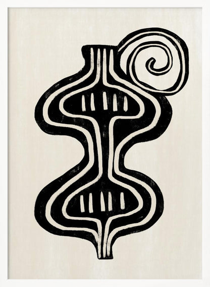 A minimalist abstract artwork in a black frame, featuring a bold, black, symmetrical figure with curvaceous lines against an off-white background. The figure, reminiscent of a vase or an hourglass, has white line details and is paired with a large black spiral at the top. Print