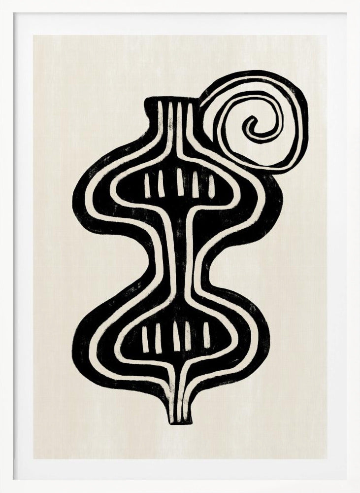 A minimalist abstract artwork in a black frame, featuring a bold, black, symmetrical figure with curvaceous lines against an off-white background. The figure, reminiscent of a vase or an hourglass, has white line details and is paired with a large black spiral at the top. Print