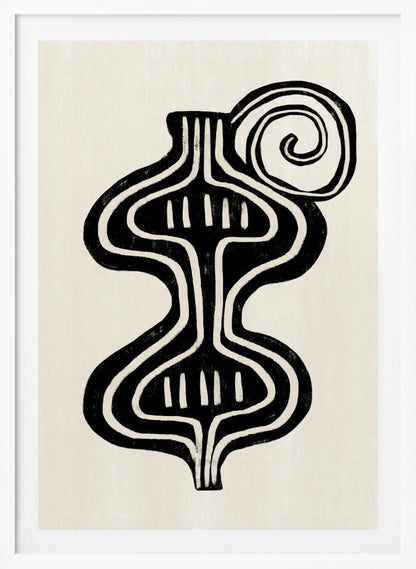 A minimalist abstract artwork in a black frame, featuring a bold, black, symmetrical figure with curvaceous lines against an off-white background. The figure, reminiscent of a vase or an hourglass, has white line details and is paired with a large black spiral at the top. Print
