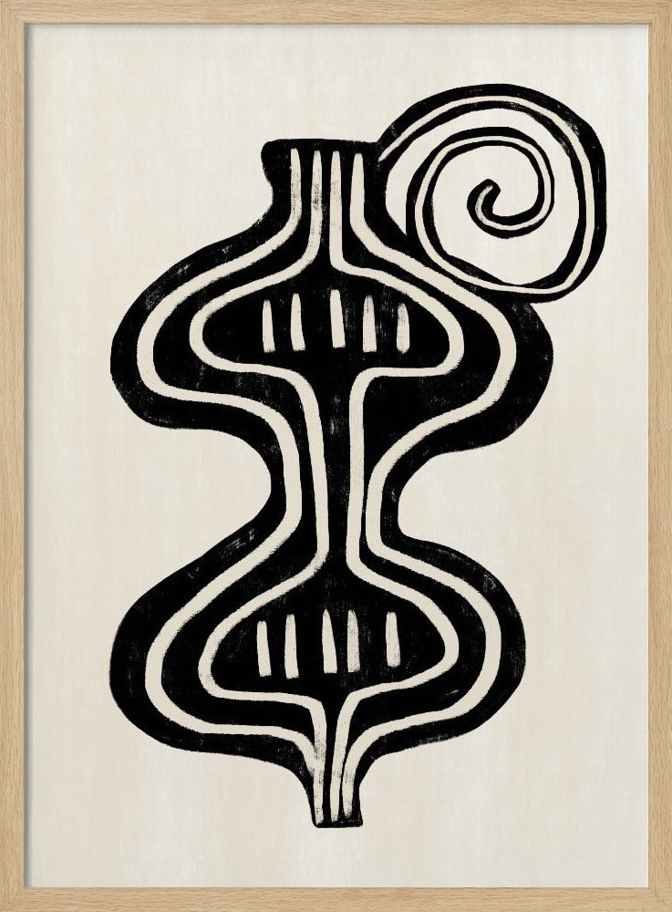 A minimalist abstract artwork in a black frame, featuring a bold, black, symmetrical figure with curvaceous lines against an off-white background. The figure, reminiscent of a vase or an hourglass, has white line details and is paired with a large black spiral at the top. Print