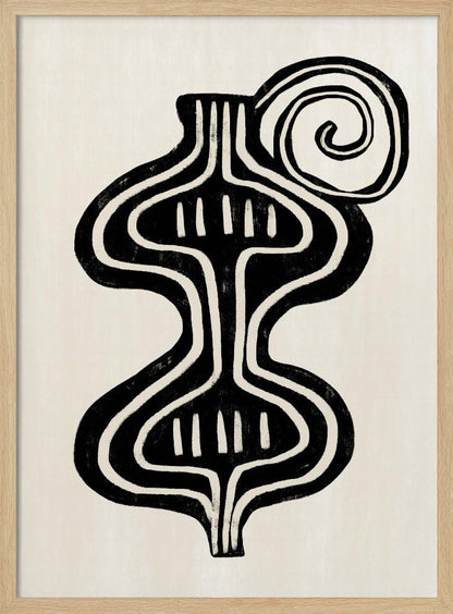 A minimalist abstract artwork in a black frame, featuring a bold, black, symmetrical figure with curvaceous lines against an off-white background. The figure, reminiscent of a vase or an hourglass, has white line details and is paired with a large black spiral at the top. Print