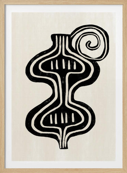 A minimalist abstract artwork in a black frame, featuring a bold, black, symmetrical figure with curvaceous lines against an off-white background. The figure, reminiscent of a vase or an hourglass, has white line details and is paired with a large black spiral at the top. Print