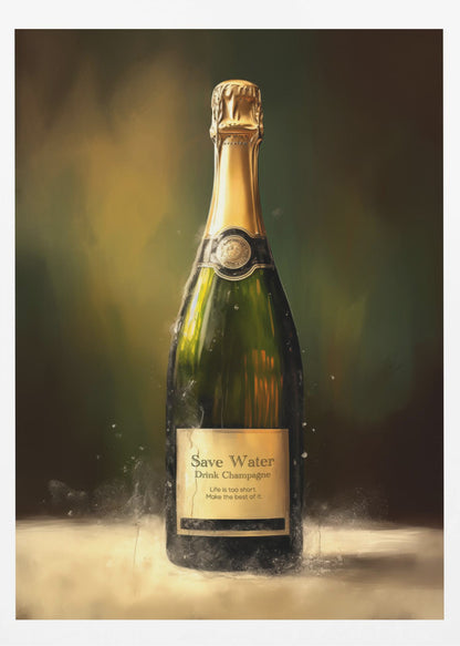 A painterly style artwork of a single bottle of champagne against a dark, moody background. The green bottle has a gold foil top and an aged label that reads, 'Save Water, Drink Champagne. Life is too short. Make the best of it.' The artwork is enclosed in a simple black frame. Poster