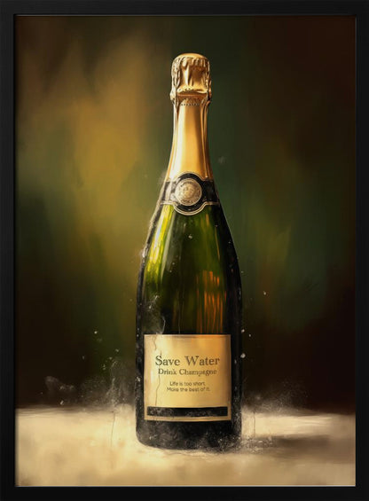 A painterly style artwork of a single bottle of champagne against a dark, moody background. The green bottle has a gold foil top and an aged label that reads, 'Save Water, Drink Champagne. Life is too short. Make the best of it.' The artwork is enclosed in a simple black frame. Poster