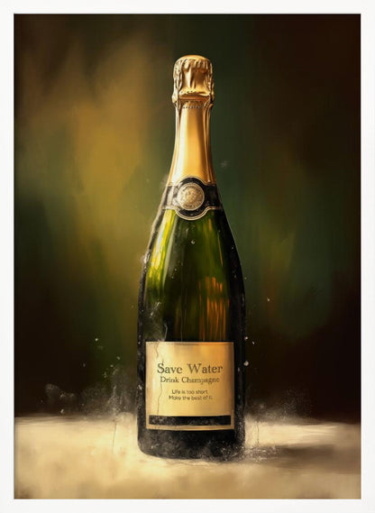 A painterly style artwork of a single bottle of champagne against a dark, moody background. The green bottle has a gold foil top and an aged label that reads, 'Save Water, Drink Champagne. Life is too short. Make the best of it.' The artwork is enclosed in a simple black frame. Poster