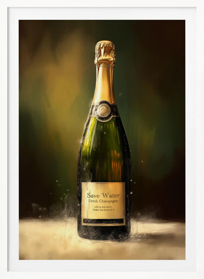 A painterly style artwork of a single bottle of champagne against a dark, moody background. The green bottle has a gold foil top and an aged label that reads, 'Save Water, Drink Champagne. Life is too short. Make the best of it.' The artwork is enclosed in a simple black frame. Poster