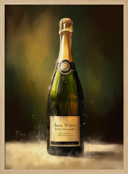 A painterly style artwork of a single bottle of champagne against a dark, moody background. The green bottle has a gold foil top and an aged label that reads, 'Save Water, Drink Champagne. Life is too short. Make the best of it.' The artwork is enclosed in a simple black frame. Poster