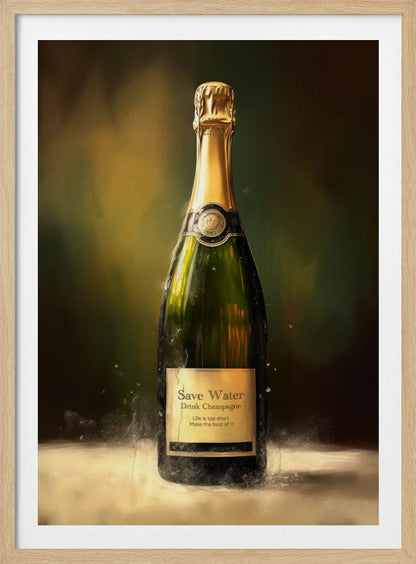 A painterly style artwork of a single bottle of champagne against a dark, moody background. The green bottle has a gold foil top and an aged label that reads, 'Save Water, Drink Champagne. Life is too short. Make the best of it.' The artwork is enclosed in a simple black frame. Poster