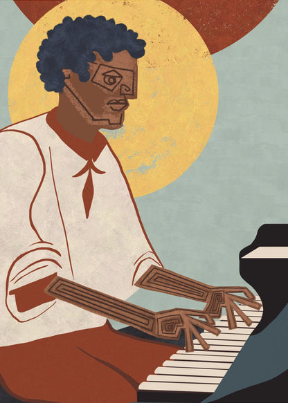 A stylized illustration of a Black man with an afro and geometric glasses playing a grand piano. His arms and hands are depicted with intricate line patterns. The background features a large yellow circle and a smaller red one against a muted blue, textured sky. Artwork